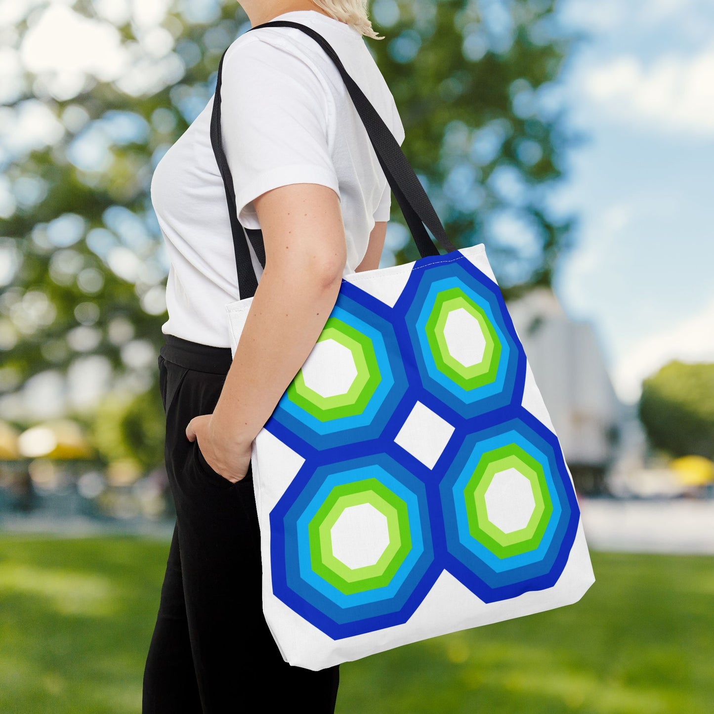 Geometric Art XIV Tote Bag – 3 sizes | Bold lines. Vivid color. Retro with a modern twist.