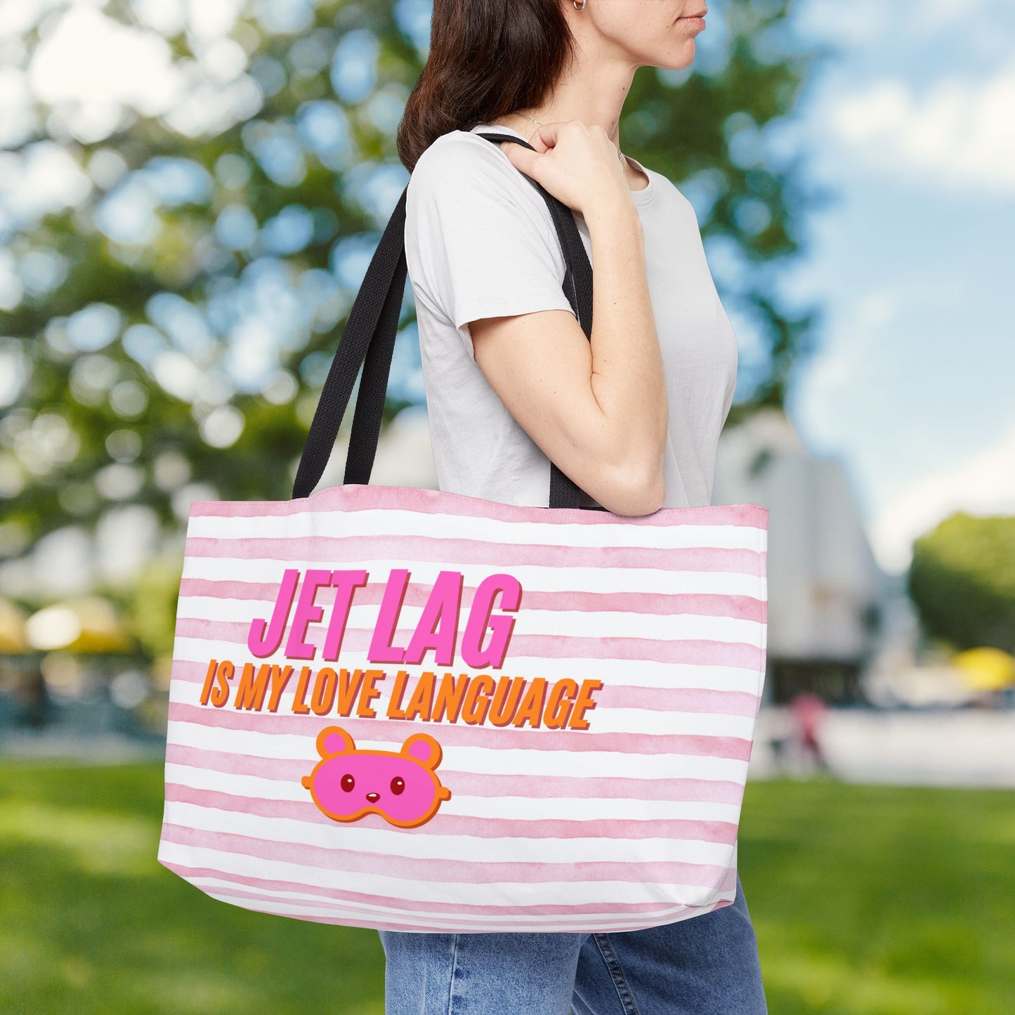 Jet Lag Is My Love Language in Pink – XL Tote Bag | For the Traveler Who’s Always Tired but Thriving