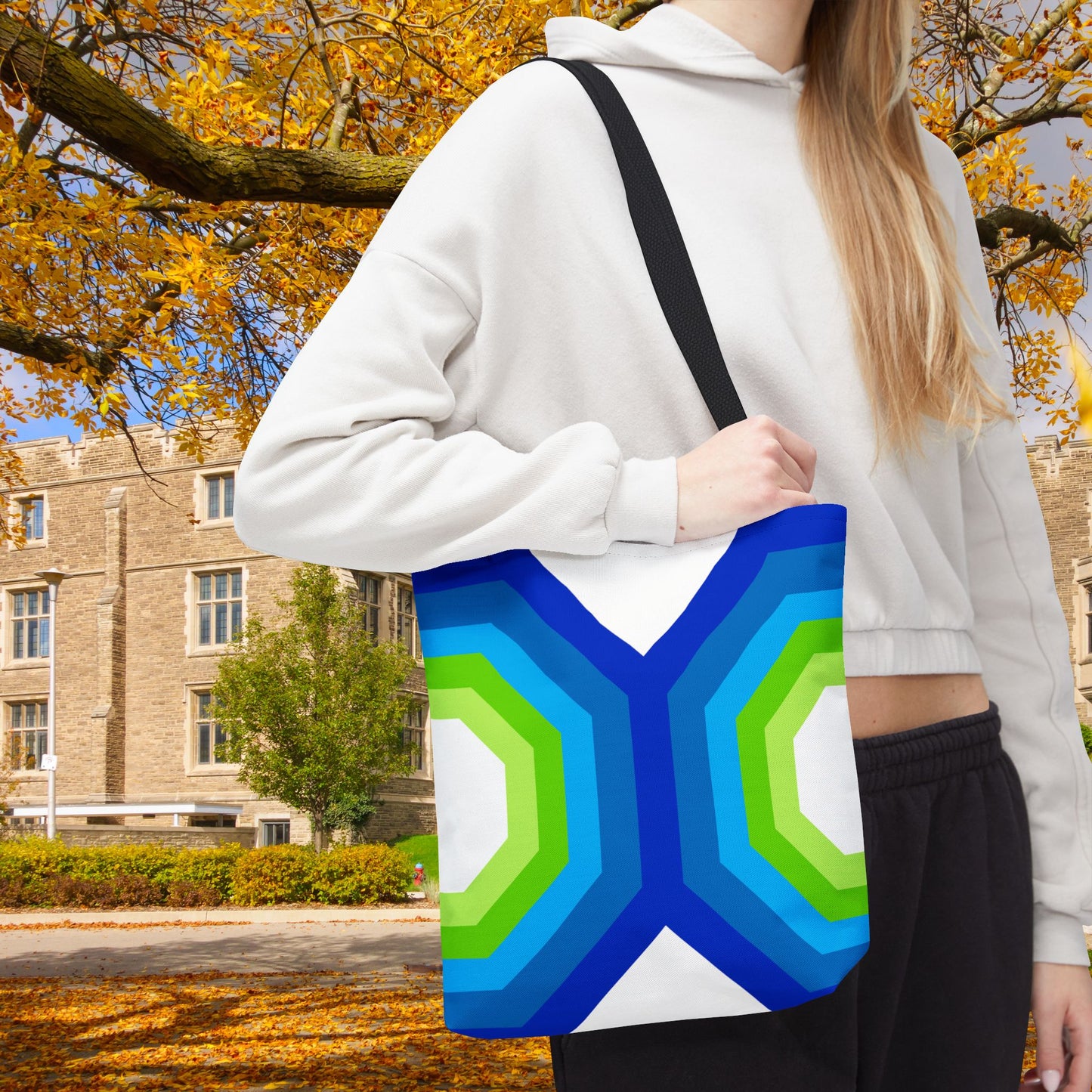 Geometric Art XVI Tote Bag – 3 sizes | Bold lines. Vivid color. Retro with a modern twist.