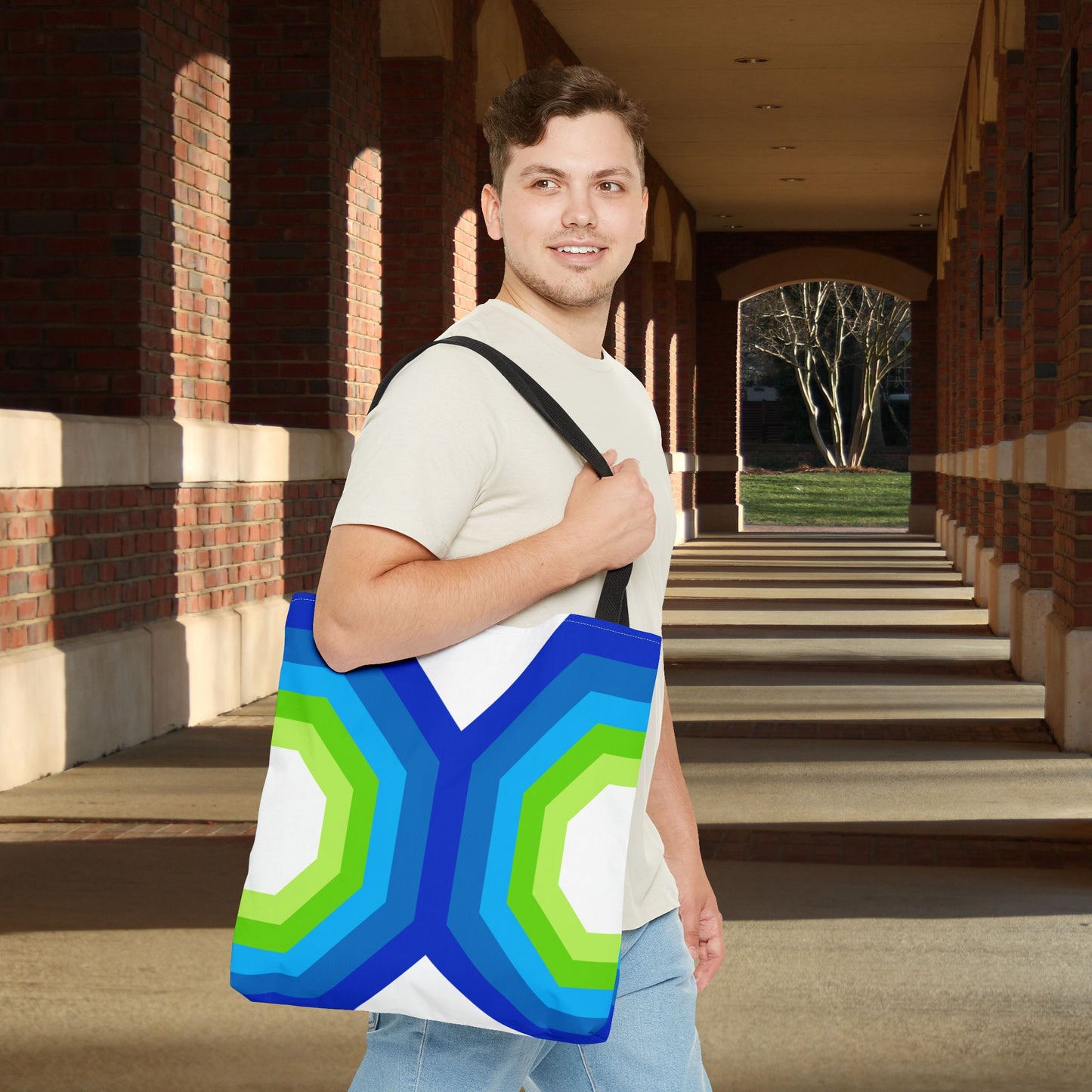 Geometric Art XVI Tote Bag – 3 sizes | Bold lines. Vivid color. Retro with a modern twist.