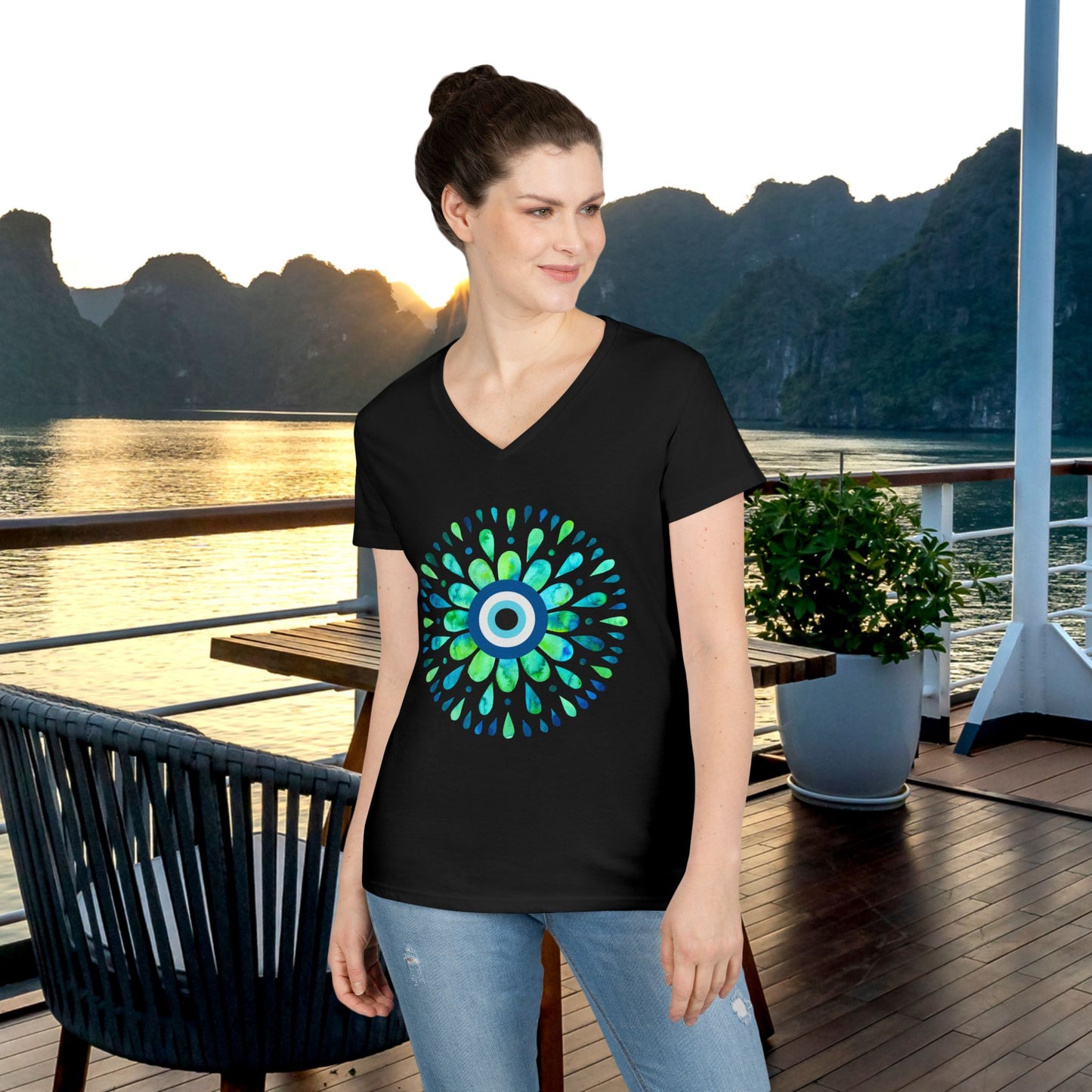 Evil Eye Charm V-Neck T-Shirt – Protective Style Meets Everyday Comfort