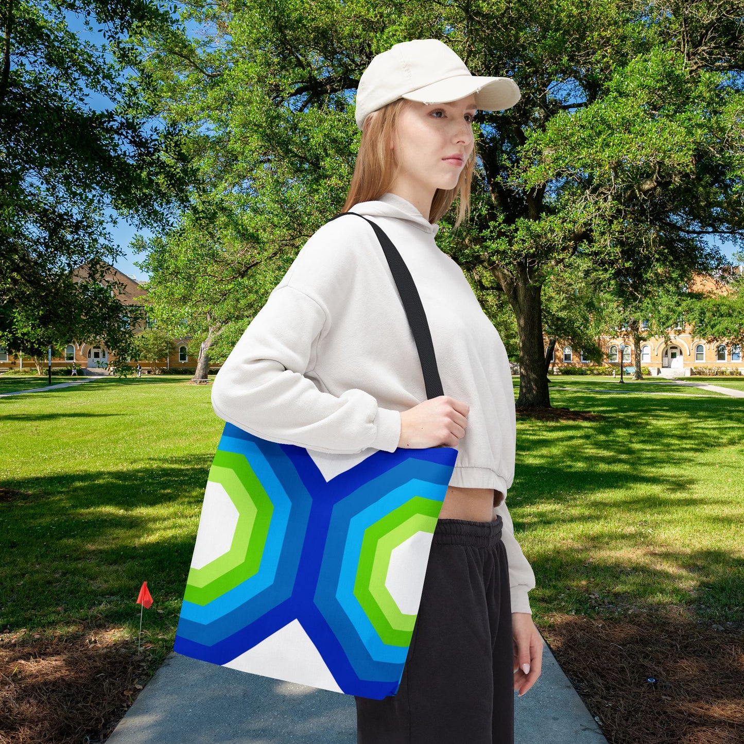 Geometric Art XVI Tote Bag – 3 sizes | Bold lines. Vivid color. Retro with a modern twist.