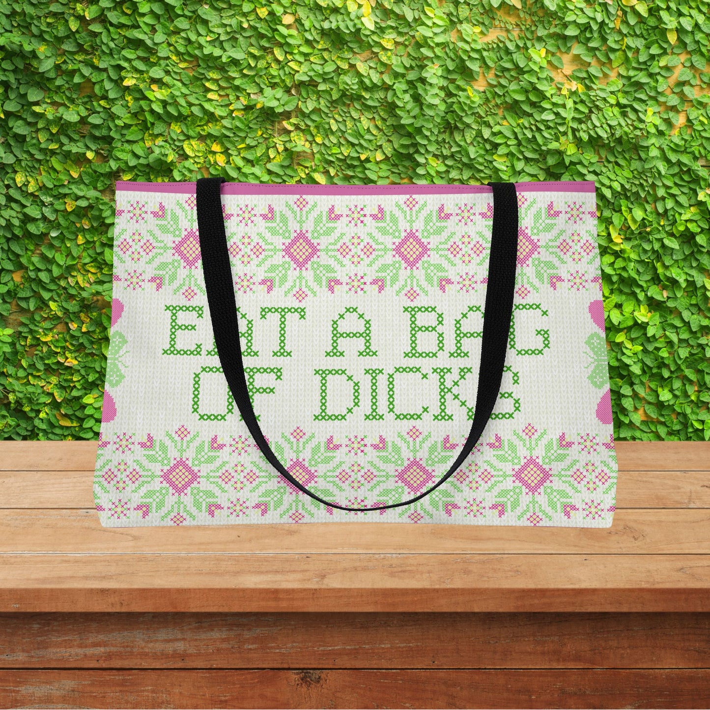 Funny Eat a Bag of Dicks Weekender XL Tote Bag, Sarcastic Cross Stitch Look, Snarky