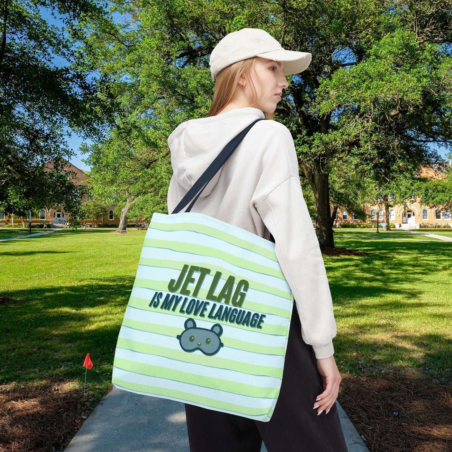 Jet Lag Is My Love Language Tote Bag in Green – 3 Sizes | For the Traveler Who’s Always Tired but Loving It