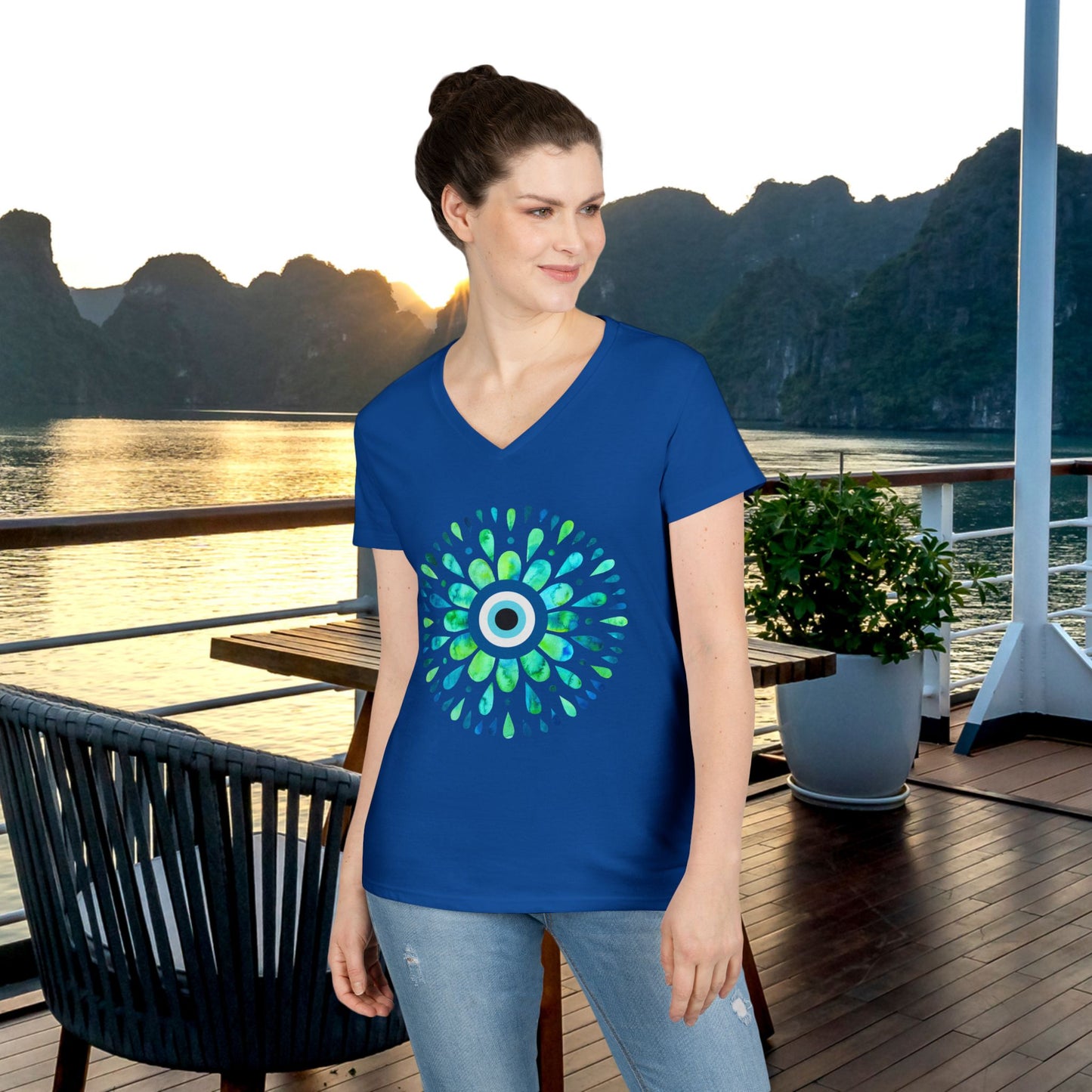 Evil Eye Charm V-Neck T-Shirt – Protective Style Meets Everyday Comfort