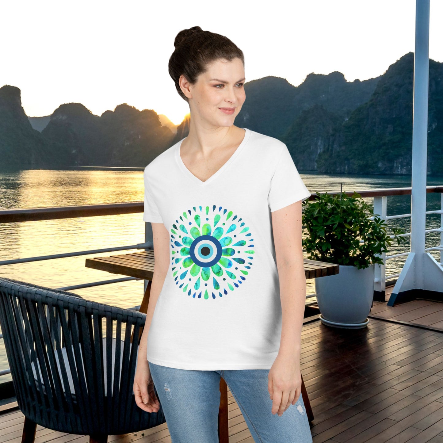 Evil Eye Charm V-Neck T-Shirt – Protective Style Meets Everyday Comfort