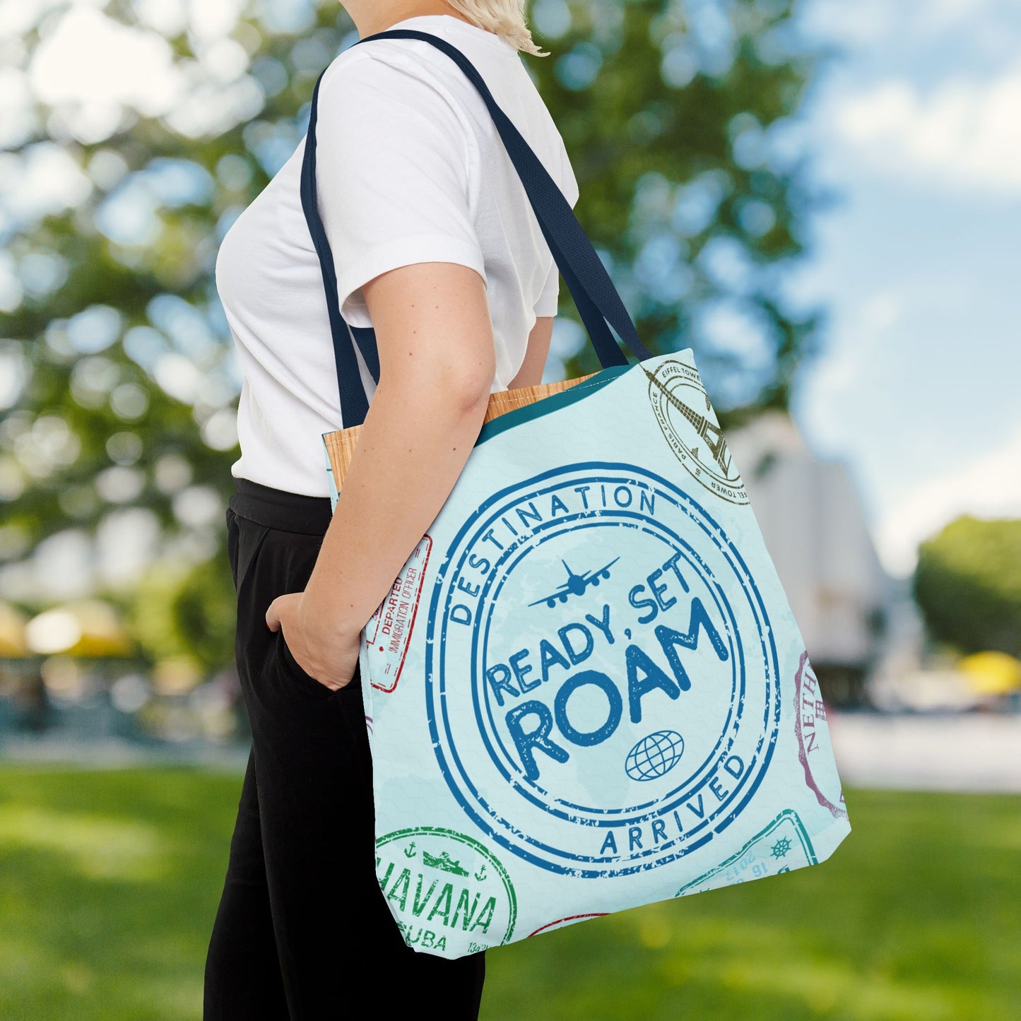 Ready, Set, Roam – Passport Stamp Tote Bag – 3 Sizes | Designed for Adventurers!