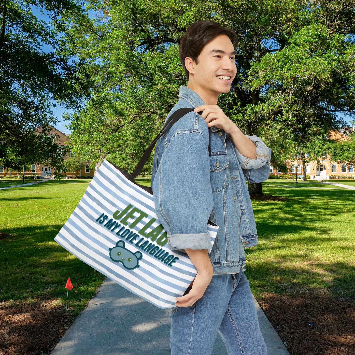 Jet Lag Is My Love Language – XL Tote Bag in Blue | For the Traveler Who’s Always Tired but Thriving