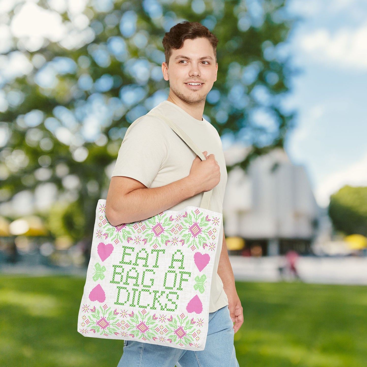 Funny Tote Bag | "Eat a Bag of Dicks" | Humorous Gift, Quirky 18x18 Unique Tote
