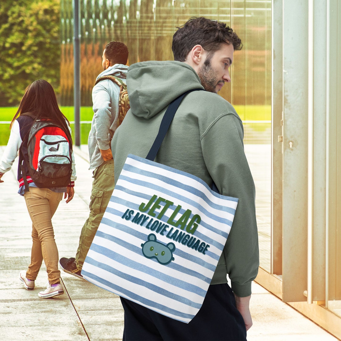 Jet Lag Is My Love Language Tote Bag in Blue – 3 Sizes | For the Traveler Who’s Always Tired but Loving It