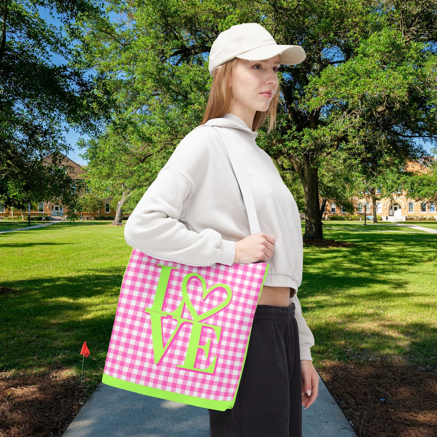 Gingham LOVE Tote Bag – Pink & Green | 3 Sizes | Sweet & Stylish Gift
