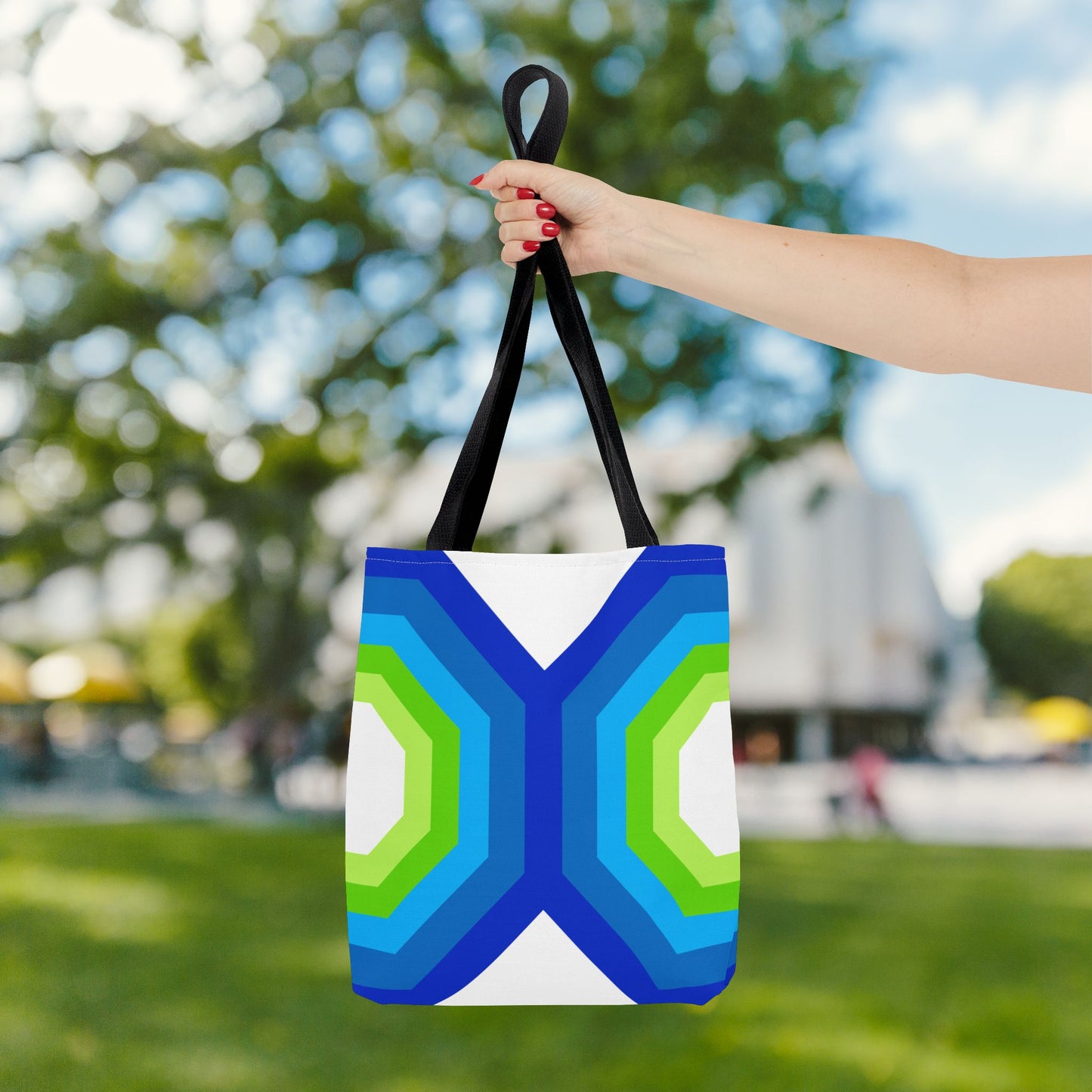 Geometric Art XVI Tote Bag – 3 sizes | Bold lines. Vivid color. Retro with a modern twist.