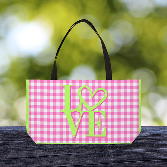 Gingham LOVE XL Tote Bag – Pink & Green | Oversized  Carry-All | Carry-All Weekender Beach Tote
