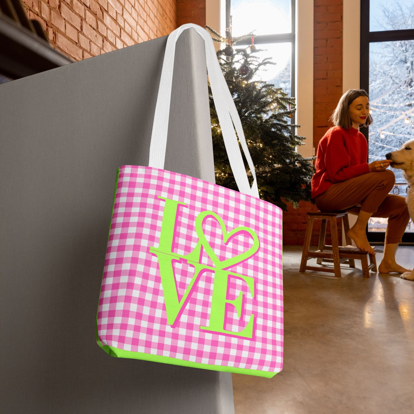 Gingham LOVE Tote Bag – Pink & Green | 3 Sizes | Sweet & Stylish Gift